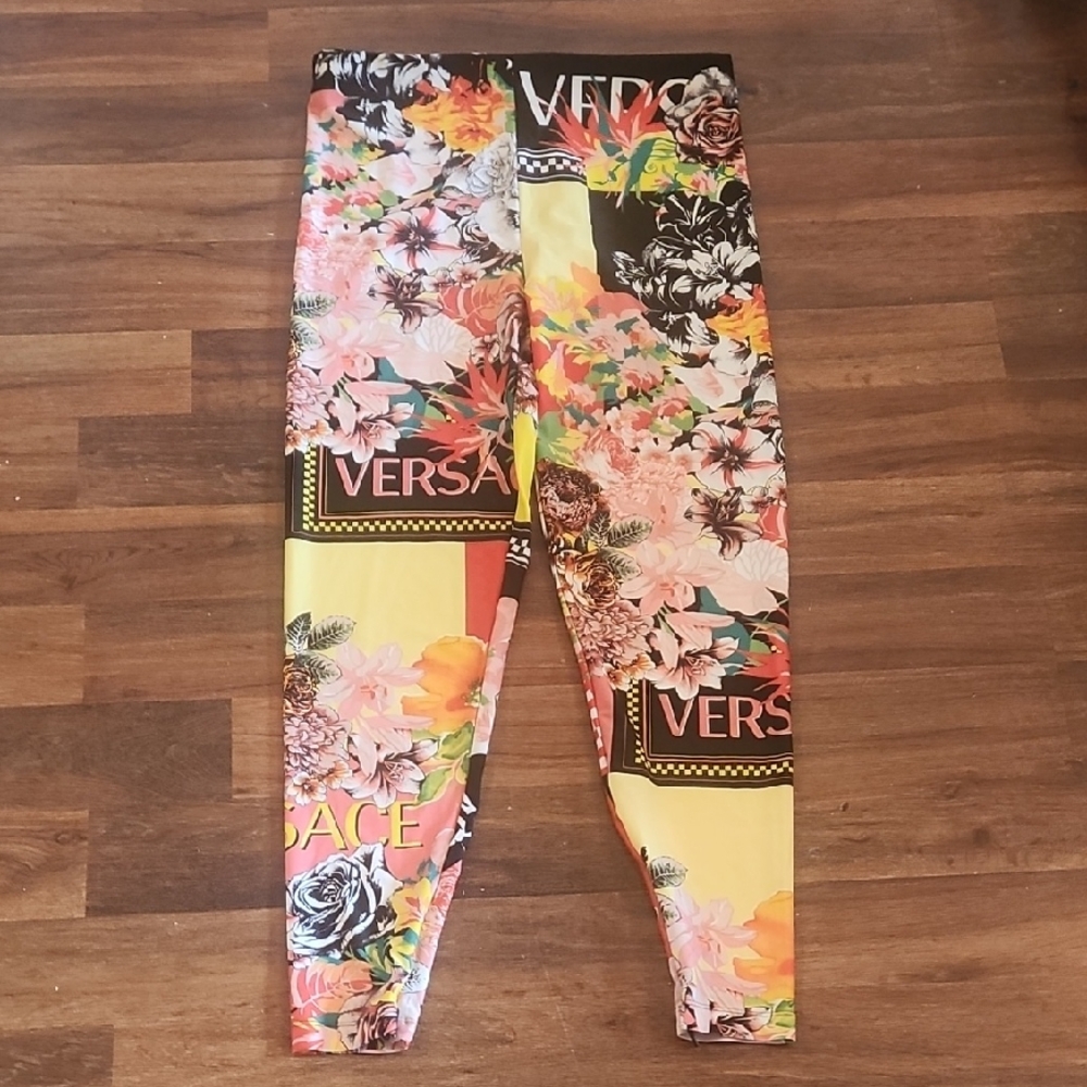 Versace Floral Logo Panel Leggings in Yellow, Pink & Black